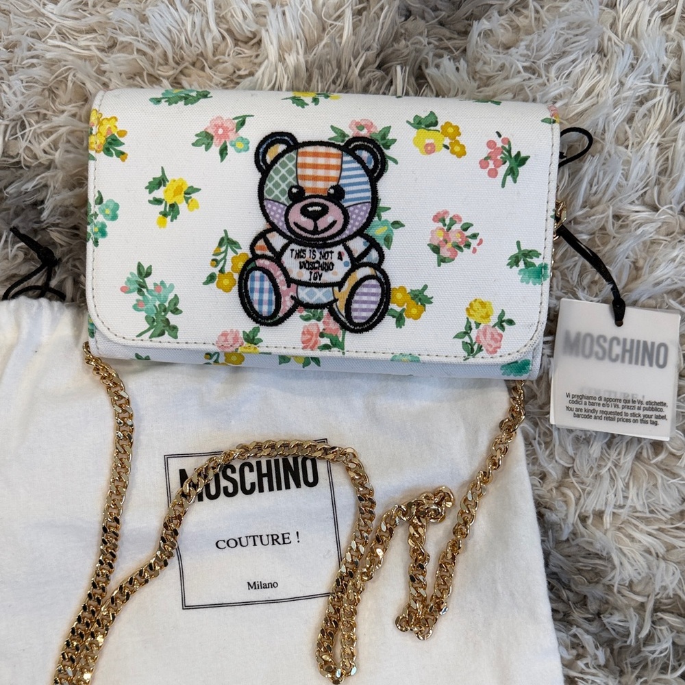 Moschino White Floral Teddy Bear Wallet on Chain